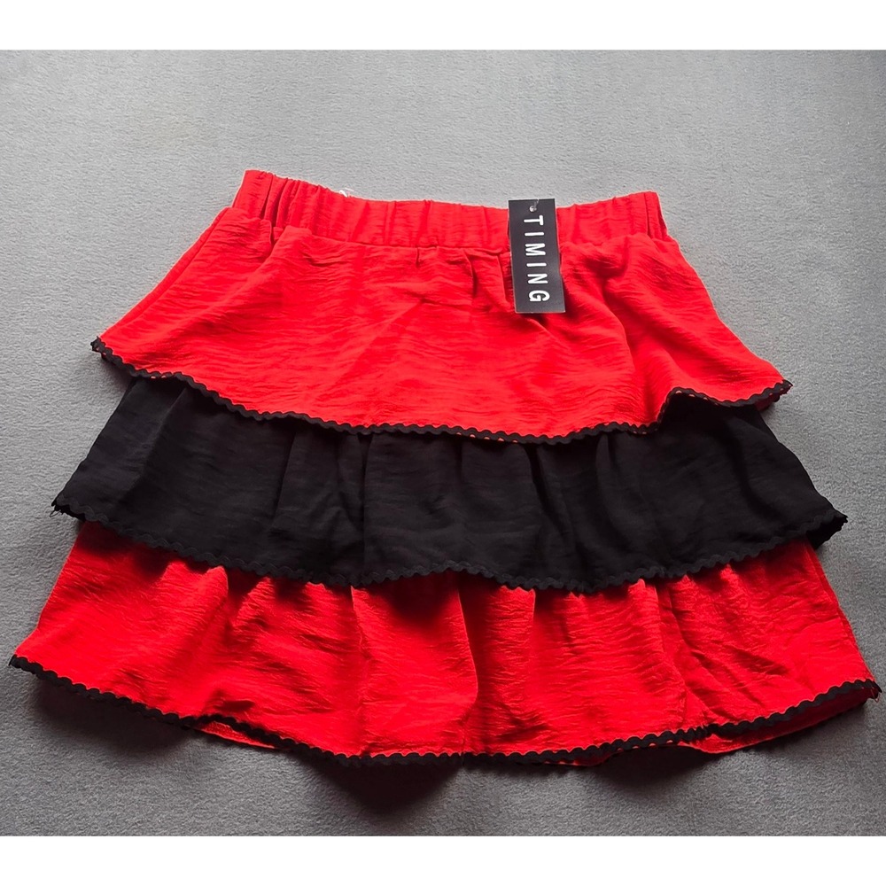 Timing‎ Womens Red Black Tiered Mini Skirt Scallop Trim Elastic Waist MEDIUM NWT